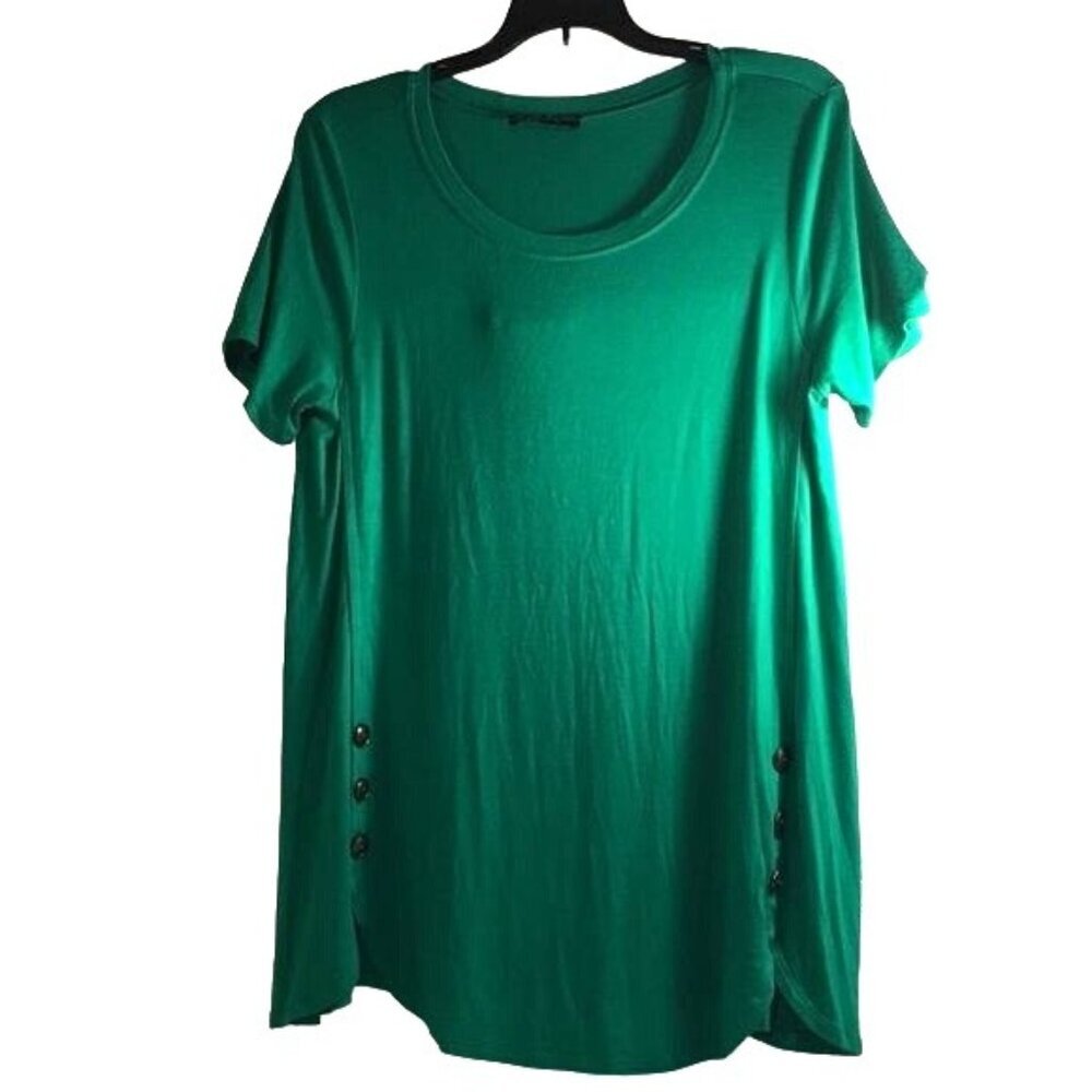 Shop Basic USA Womens Green Top/Blouse/Tee Sides Button Accents Round Hem Short